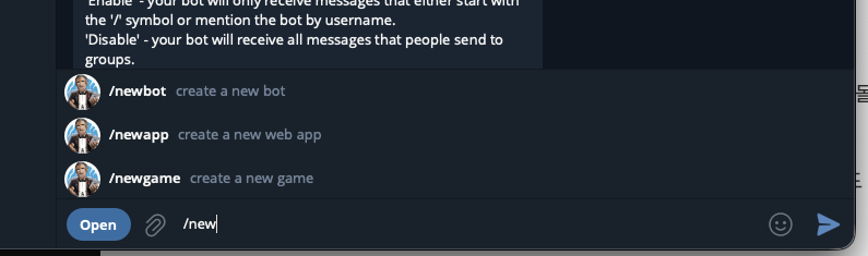 Entering /newbot in BotFather