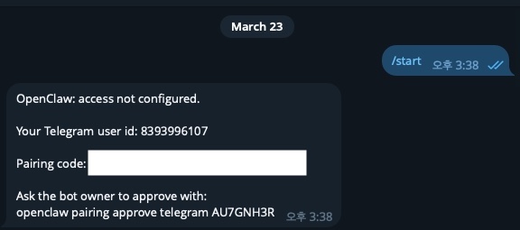 Send /start to the bot in Telegram to get the pairing code